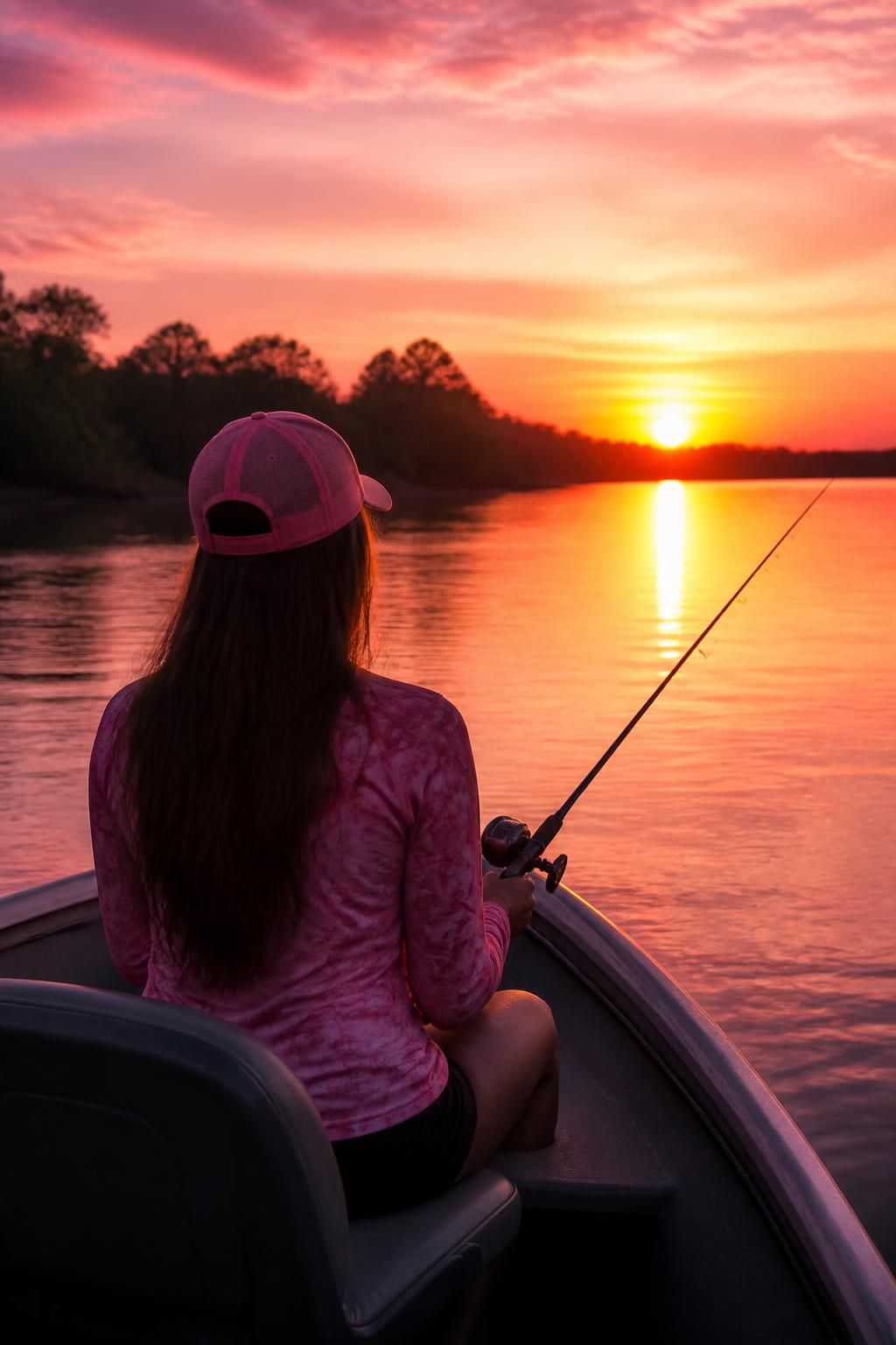 Pescadora em barco ao pôr do sol no Rio Paraná